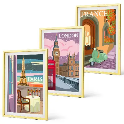Composição de quadros moderna com vistas retrô de Paris e Londres