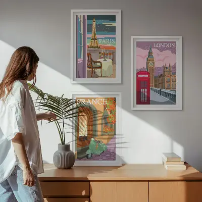 Composição de quadros moderna com vistas retrô de Paris e Londres