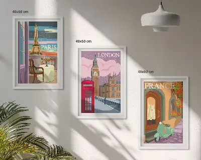 Composição de quadros moderna com vistas retrô de Paris e Londres