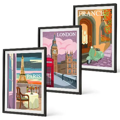 Composição de quadros moderna com vistas retrô de Paris e Londres
