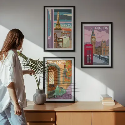 Composição de quadros moderna com vistas retrô de Paris e Londres