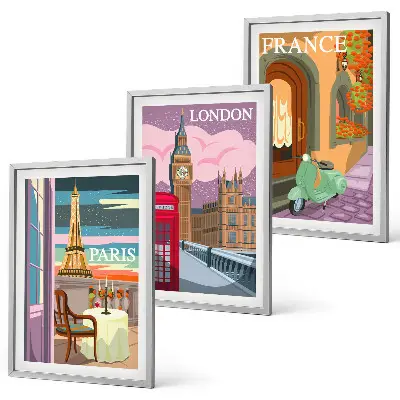 Composição de quadros moderna com vistas retrô de Paris e Londres