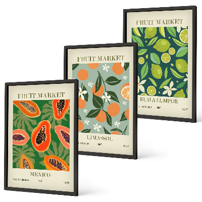 Conjunto de 3 quadros com moldura pôsteres vintage de frutas
