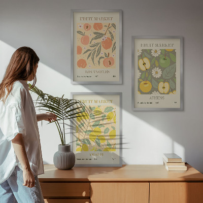 Conjunto de quadros para sala de estar pôsteres retrô com estampas de frutas