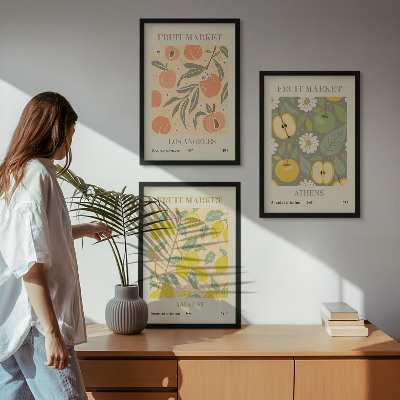 Conjunto de quadros para sala de estar pôsteres retrô com estampas de frutas