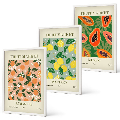 Conjunto de 3 quadros com moldura Frutas cítricas tropicais retrô
