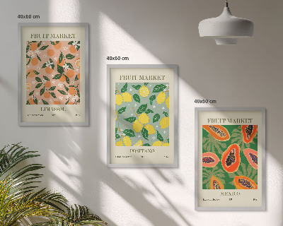 Conjunto de 3 quadros com moldura Frutas cítricas tropicais retrô