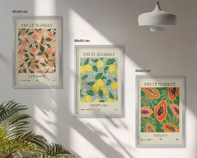 Conjunto de 3 quadros com moldura tema frutas cítricas tropicais retrô