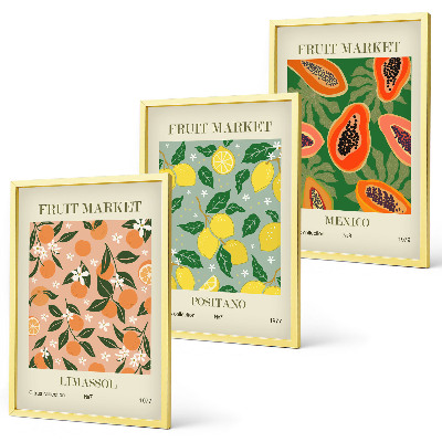 Conjunto de 3 quadros com moldura Frutas cítricas tropicais retrô