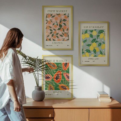 Conjunto de 3 quadros com moldura Frutas cítricas tropicais retrô