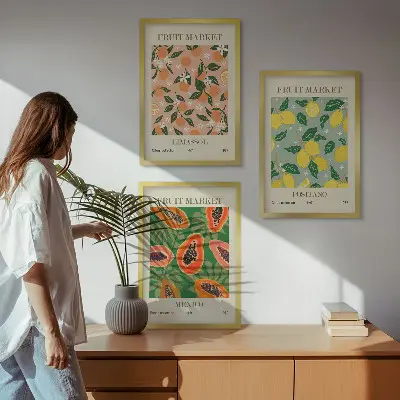 Conjunto de 3 quadros com moldura tema frutas cítricas tropicais retrô