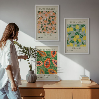 Conjunto de 3 quadros com moldura Frutas cítricas tropicais retrô