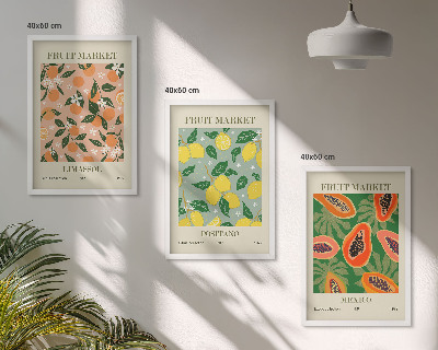Conjunto de 3 quadros com moldura Frutas cítricas tropicais retrô