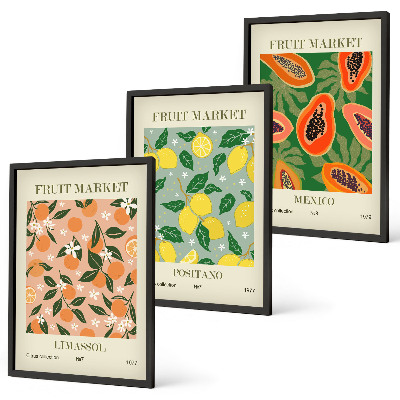 Conjunto de 3 quadros com moldura Frutas cítricas tropicais retrô