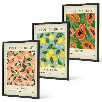 Conjunto de 3 quadros com moldura tema frutas cítricas tropicais retrô