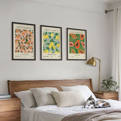 Conjunto de 3 quadros com moldura Frutas cítricas tropicais retrô