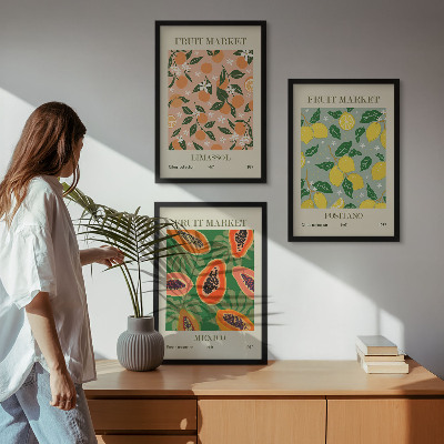 Conjunto de 3 quadros com moldura Frutas cítricas tropicais retrô