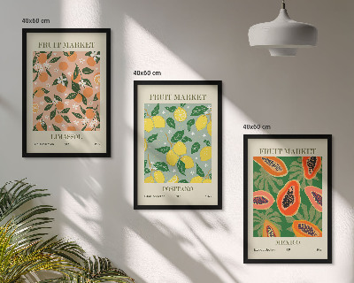 Conjunto de 3 quadros com moldura Frutas cítricas tropicais retrô