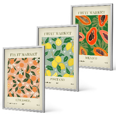Conjunto de 3 quadros com moldura Frutas cítricas tropicais retrô