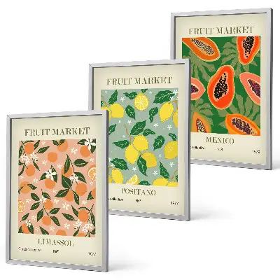 Conjunto de 3 quadros com moldura tema frutas cítricas tropicais retrô
