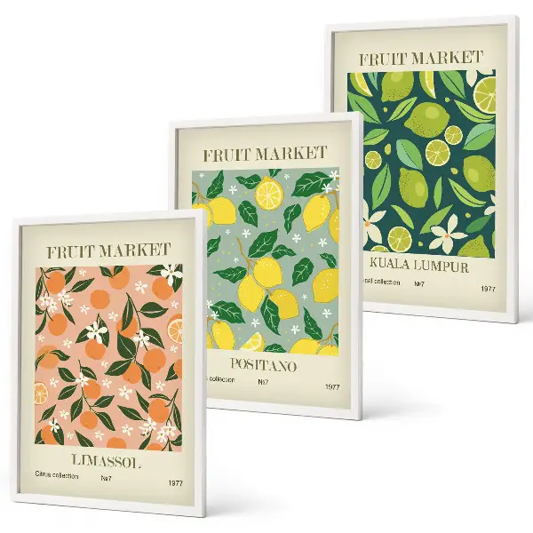 Conjunto de quadros para sala de estar com estampas de padrões florais cítricos e frutados