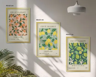 Conjunto de quadros para sala de estar com estampas de padrões florais cítricos e frutados