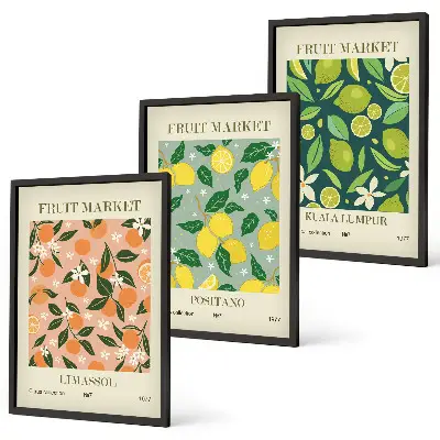 Conjunto de quadros para sala de estar com estampas de padrões florais cítricos e frutados