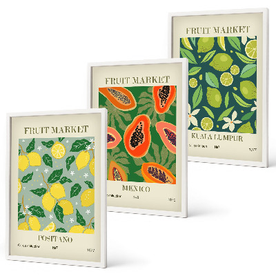 Conjunto de 3 quadros com moldura Padrões frutados de limão e mamão