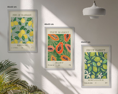 Conjunto de 3 quadros com moldura Padrões frutados de limão e mamão