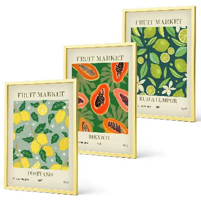 Conjunto de 3 quadros com moldura com padrões frutados de limão e mamão