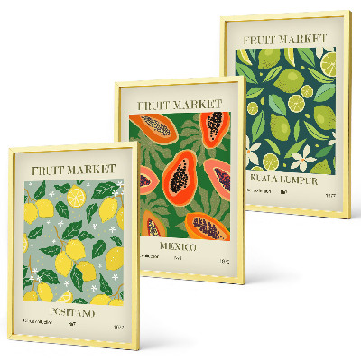 Conjunto de 3 quadros com moldura Padrões frutados de limão e mamão