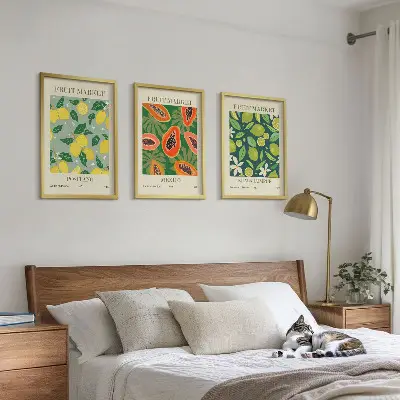 Conjunto de 3 quadros com moldura com padrões frutados de limão e mamão