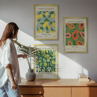 Conjunto de 3 quadros com moldura Padrões frutados de limão e mamão