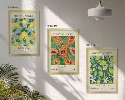 Conjunto de 3 quadros com moldura Padrões frutados de limão e mamão