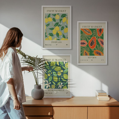 Conjunto de 3 quadros com moldura Padrões frutados de limão e mamão