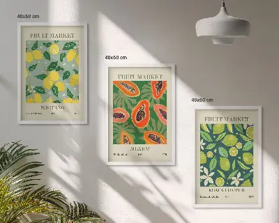 Conjunto de 3 quadros com moldura com padrões frutados de limão e mamão