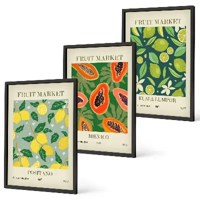 Conjunto de 3 quadros com moldura com padrões frutados de limão e mamão
