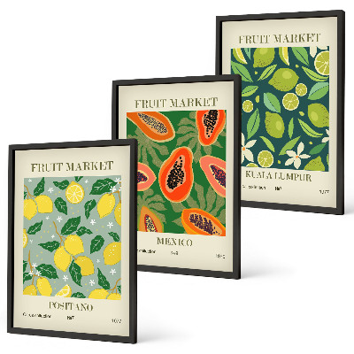 Conjunto de 3 quadros com moldura Padrões frutados de limão e mamão