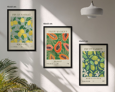 Conjunto de 3 quadros com moldura Padrões frutados de limão e mamão