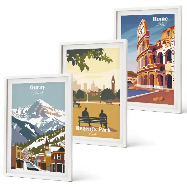 Conjunto de quadros para sala de estar com estampas das Montanhas Ouray e do Coliseu de Londres