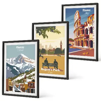 Conjunto de quadros para sala de estar com estampas das Montanhas Ouray e do Coliseu de Londres