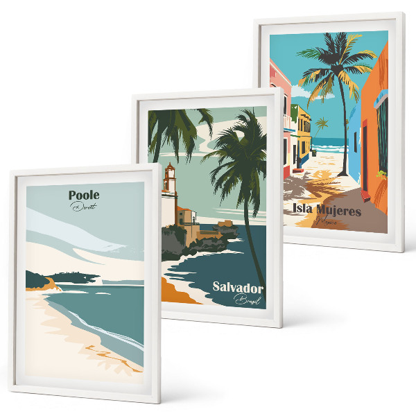Conjunto de 3 quadros com moldura Praias tropicais e palmeiras