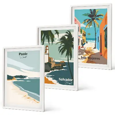 Conjunto de 3 quadros com moldura de praias tropicais e palmeiras