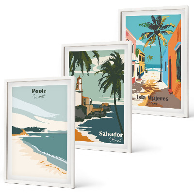 Conjunto de 3 quadros com moldura Praias tropicais e palmeiras