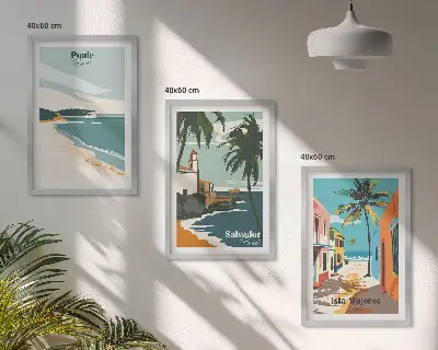 Conjunto de 3 quadros com moldura de praias tropicais e palmeiras