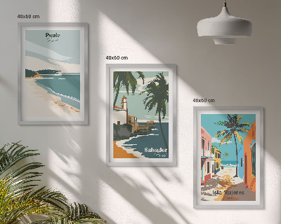 Conjunto de 3 quadros com moldura Praias tropicais e palmeiras
