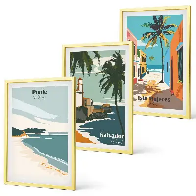 Conjunto de 3 quadros com moldura de praias tropicais e palmeiras
