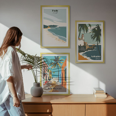 Conjunto de 3 quadros com moldura Praias tropicais e palmeiras