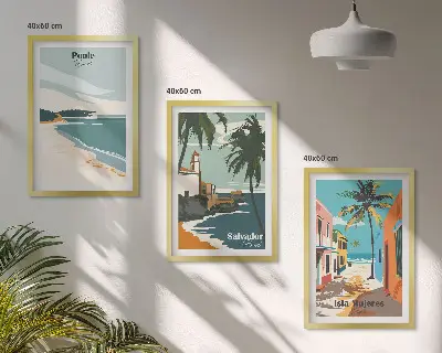 Conjunto de 3 quadros com moldura de praias tropicais e palmeiras