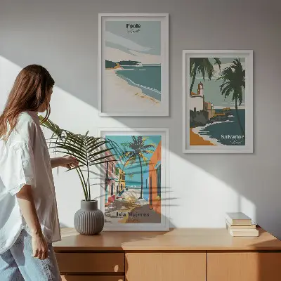 Conjunto de 3 quadros com moldura de praias tropicais e palmeiras